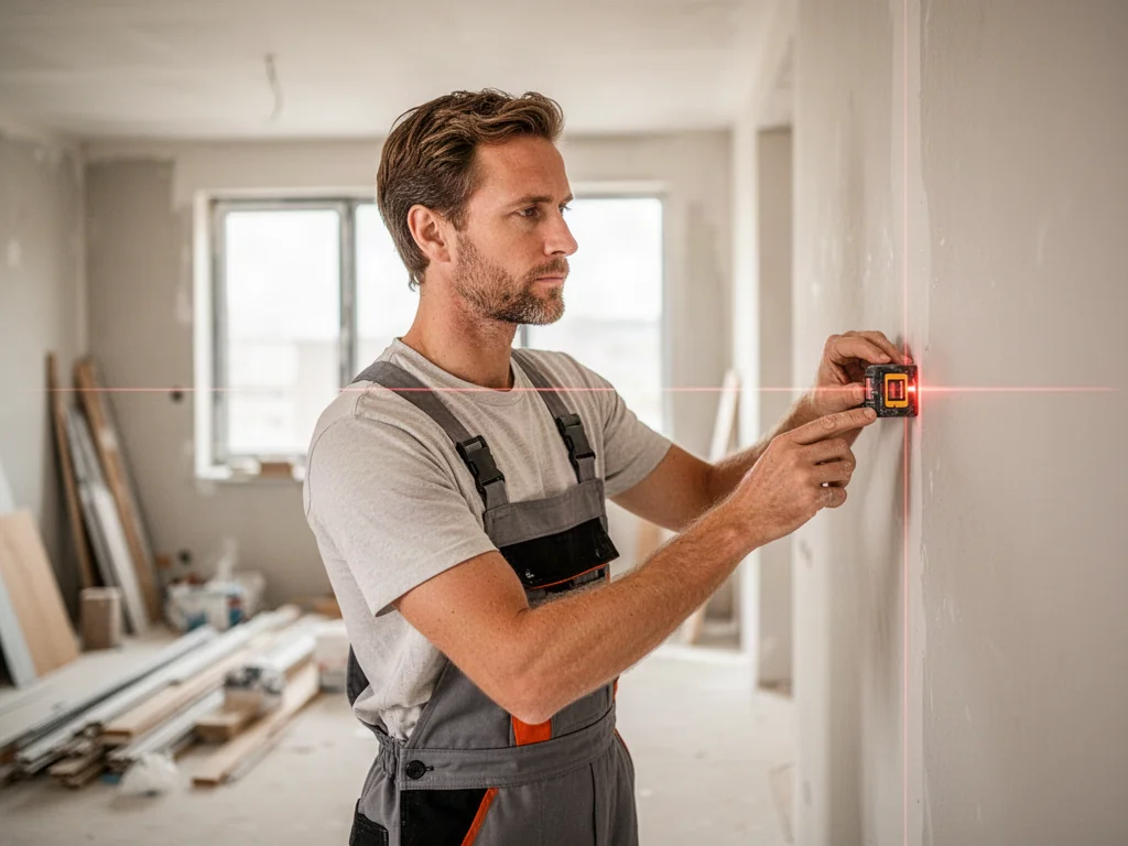 Fachowiec używa dalmierza laserowego do precyzyjnego pomiaru ściany w nowoczesnym, wykańczanym mieszkaniu.