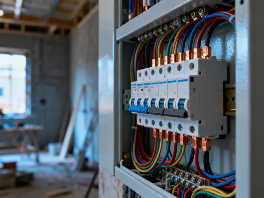 Nowoczesna rozdzielnica elektryczna z uporządkowanymi przewodami i wyłącznikami w trakcie prac instalacyjnych.