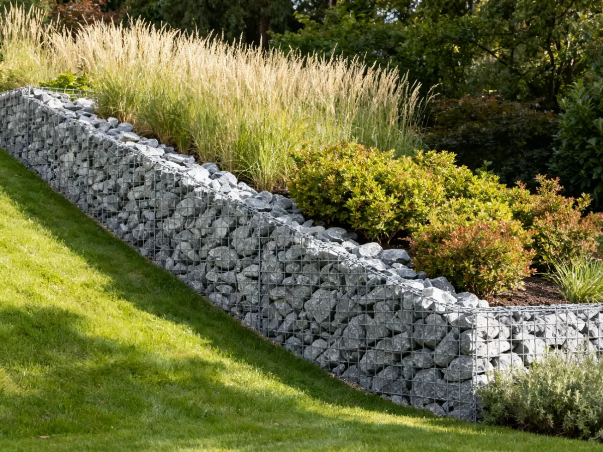 Gabion retaining wall supporting a planted slope