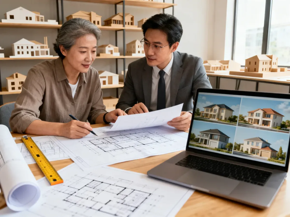 Inwestor i architekt porównujący projekty domów w pracowni