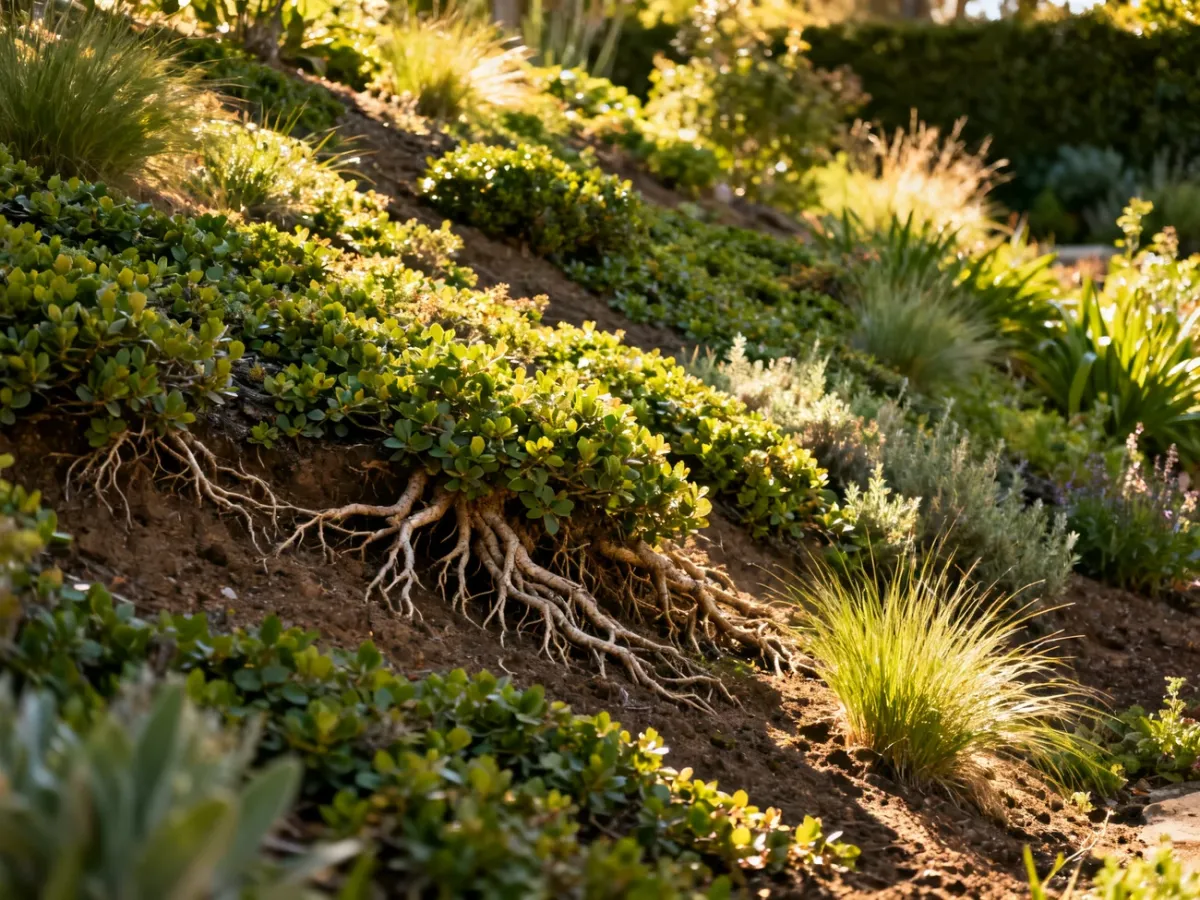 Dense plants stabilizing a garden slope