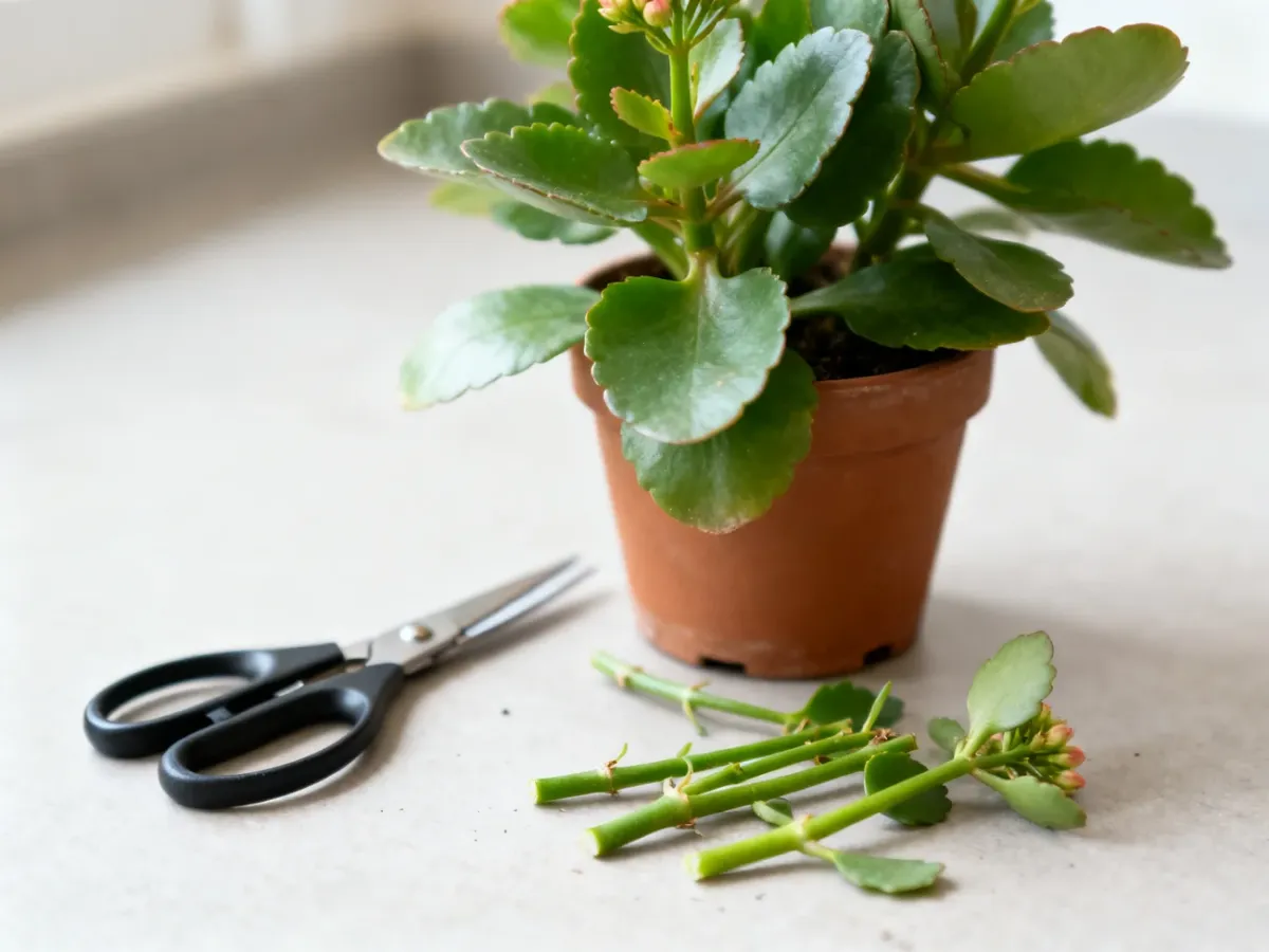 Przycięte kalanchoe z nożyczkami do pielęgnacji obok doniczki