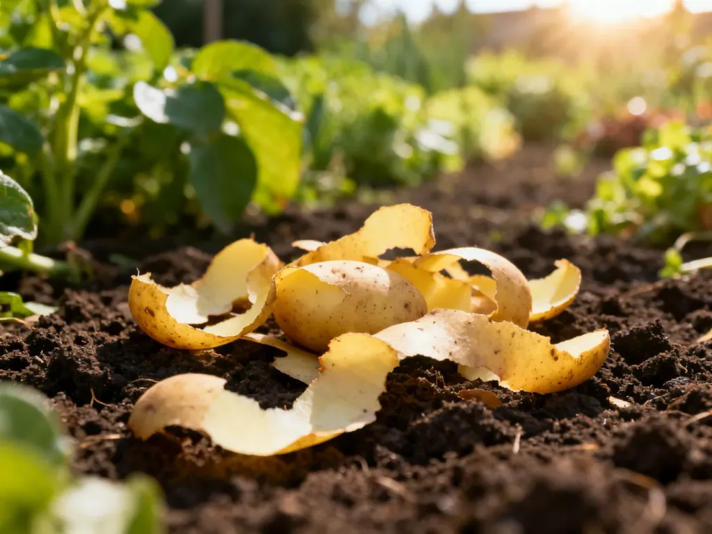 Świeże obierki ziemniaczane rozsypane na żyznej glebie w ogrodzie, gotowe do użycia jako naturalny nawóz.