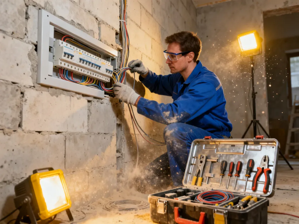 Elektryk prowadzący przewody w żelbetowej ścianie mieszkania