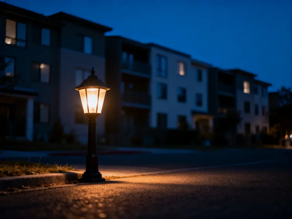 Ciche, nocne osiedle z przygaszonymi światłami w oknach budynków, podkreślające atmosferę spokoju i ciszy nocnej.