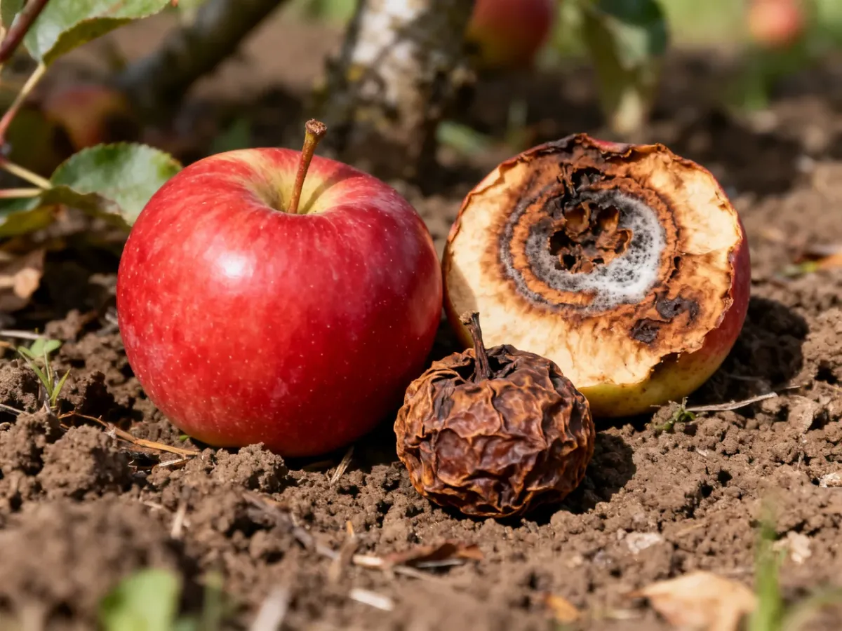 Zdrowe i porażone jabłka porównane pod jabłonią