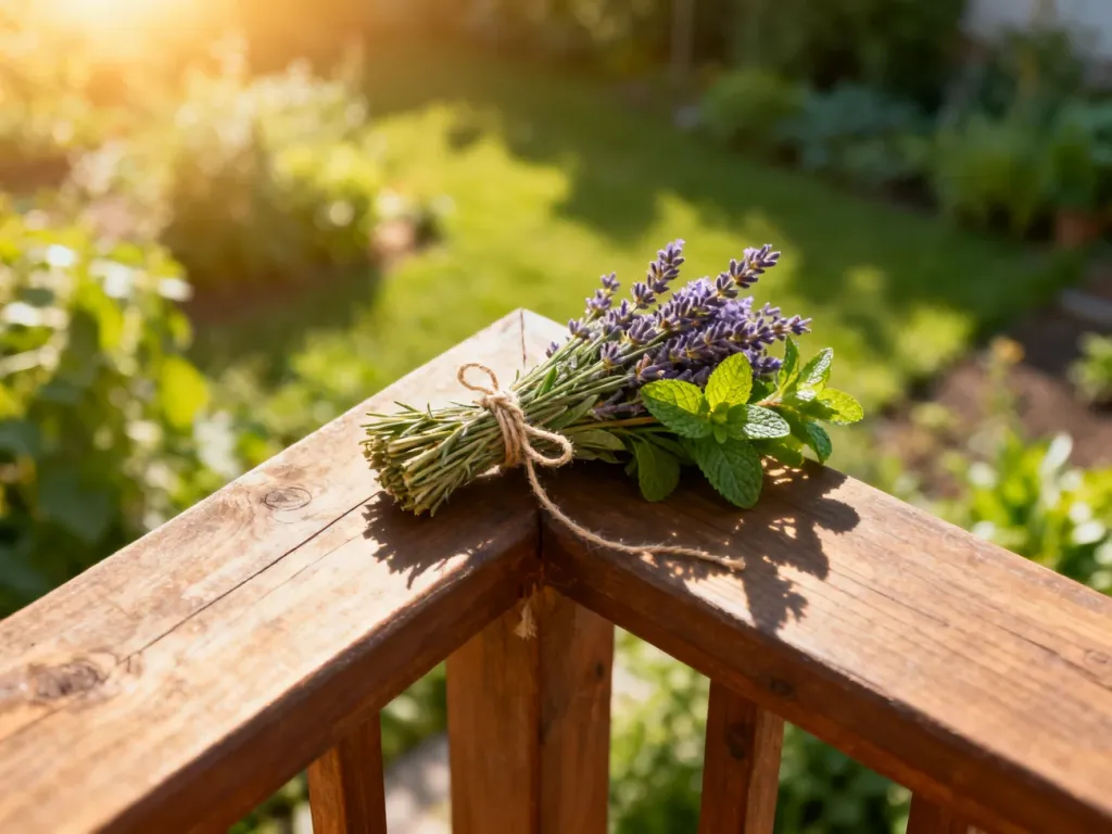 Pęczek lawendy i mięty zawieszony na balustradzie balkonu jako naturalny sposób na odstraszenie os.