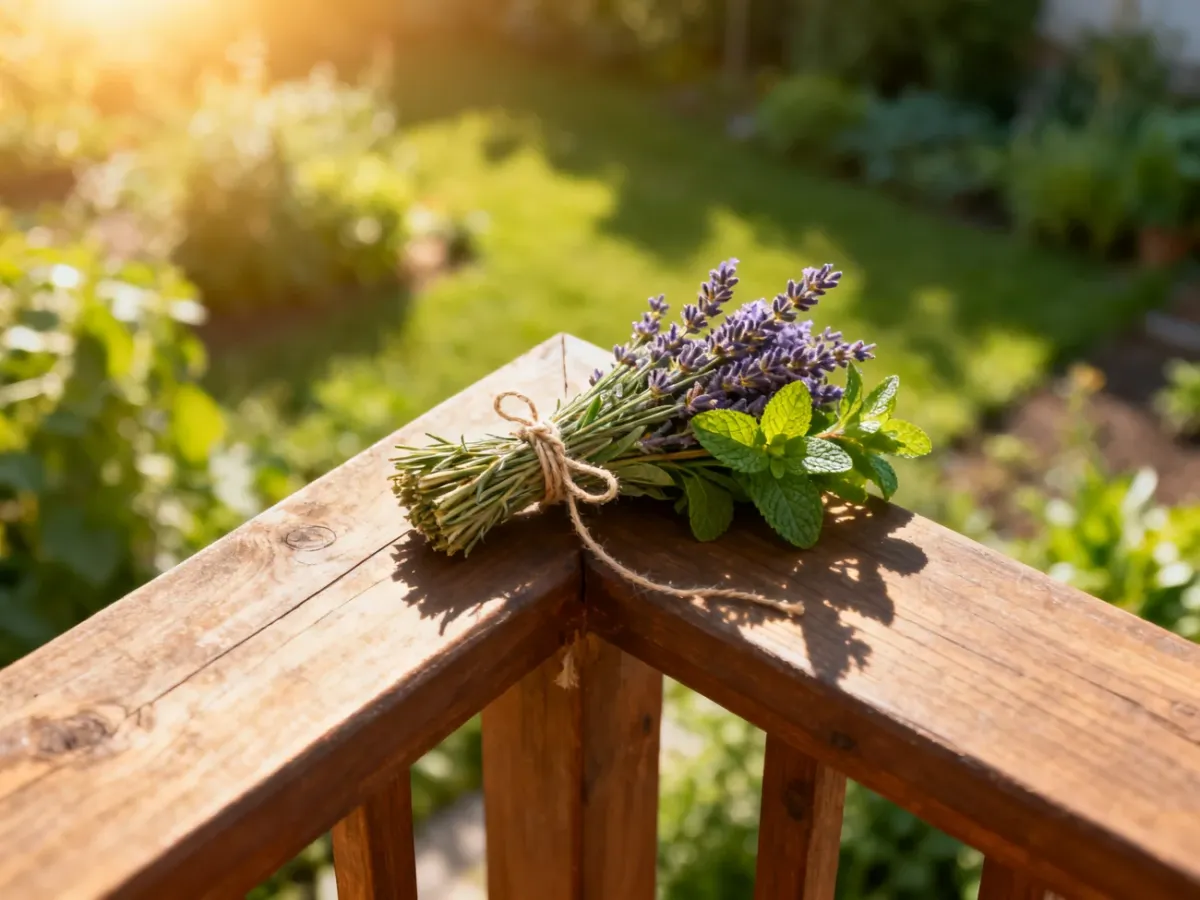 Pęczek lawendy i mięty zawieszony na balustradzie balkonu jako naturalny sposób na odstraszenie os.