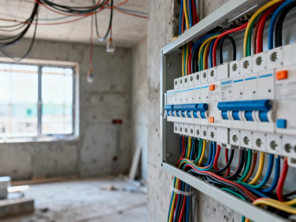 Nowoczesna rozdzielnica elektryczna z uporządkowanym okablowaniem w trakcie prac remontowych.