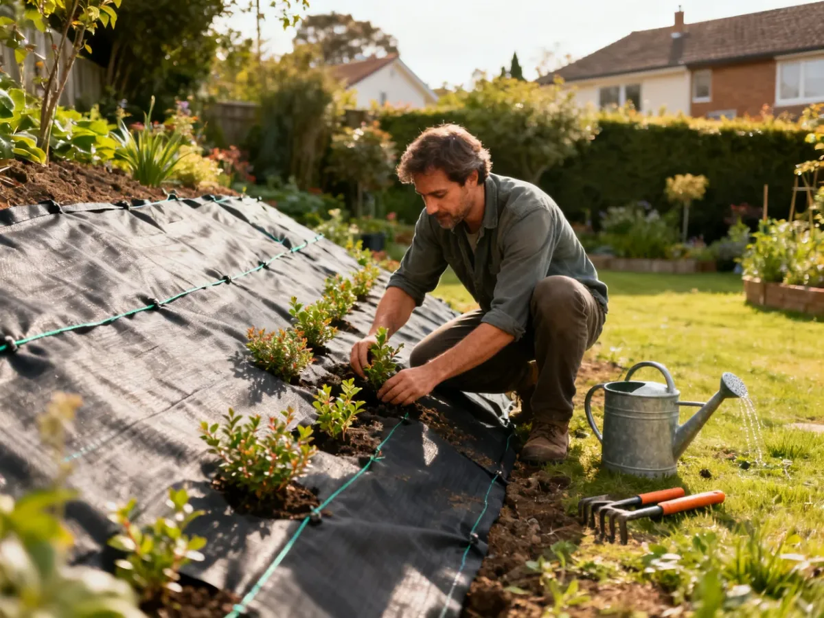 Gardener planting vegetation on a secured slope
