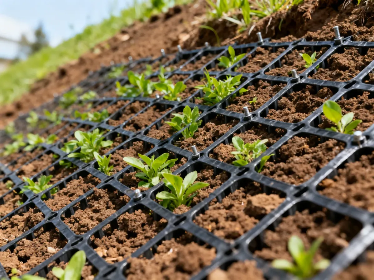 Geogrid anchored on a planted garden slope