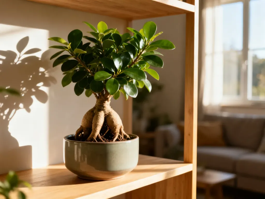 Zdrowy okaz Ficus ginseng z charakterystycznymi korzeniami w nowoczesnej doniczce, stojący na słonecznym regale.