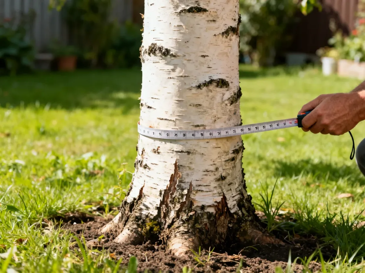 Pomiar obwodu pnia brzozy taśmą mierniczą 5 cm nad ziemią
