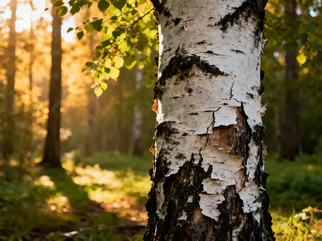 Dojrzała brzoza z wyraźną, biało-czarną korą w słonecznym lesie. Obraz ilustruje wygląd dorosłego drzewa w naturalnym otoczeniu.