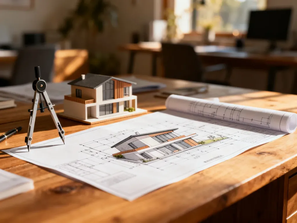 Szczegółowy projekt architektoniczny domu na biurku z przyborami kreślarskimi i makietą budynku.