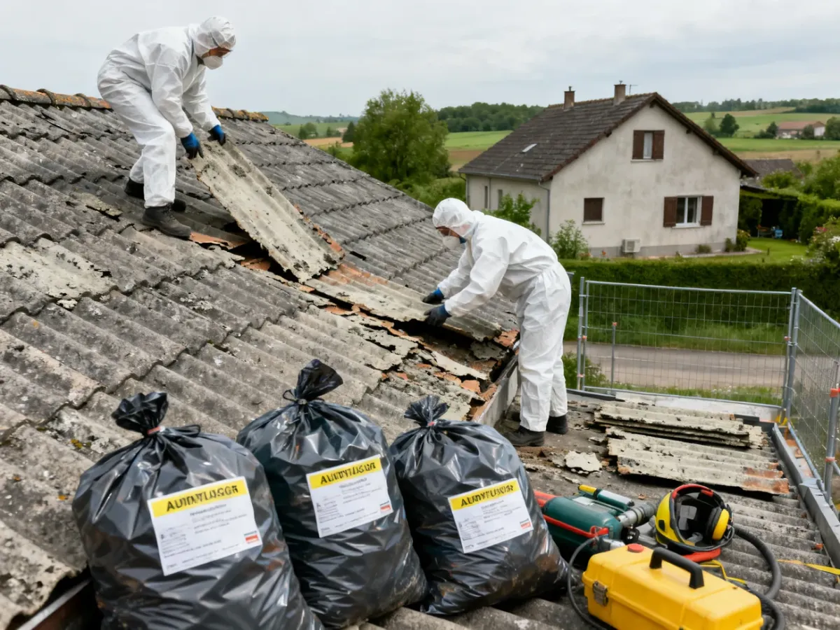 Pracownicy w odzieży ochronnej demontujący płyty eternitowe z dachu